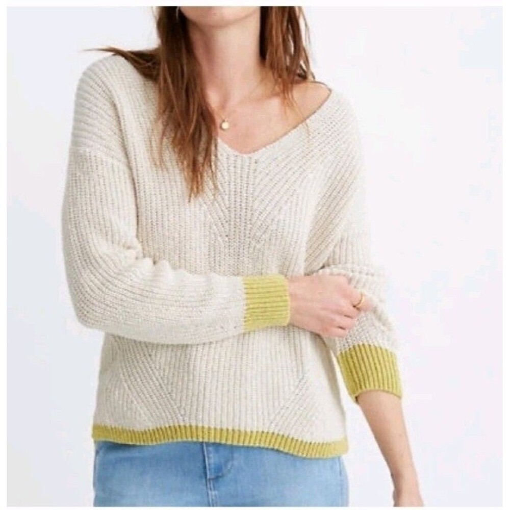 Madewell Tipped Ridgeton Pullover Sweater Women's Size XS Cream Lime Green